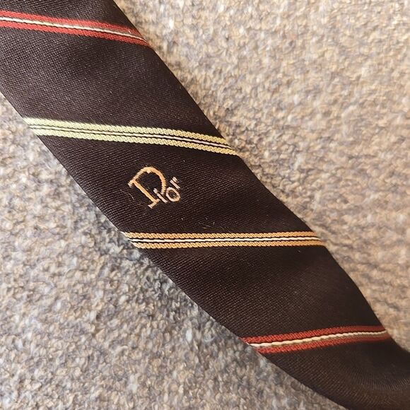 Vintage Christian Dior Brown Repp Striped Silk Tie Embroidered Logo 58" - Picture 4 of 7